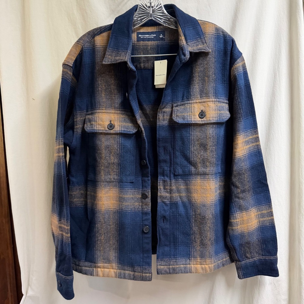 NWT Abercrombie & Fitch Mens Blue Orange Plaid Flannel Shirt Shacket Small Fall